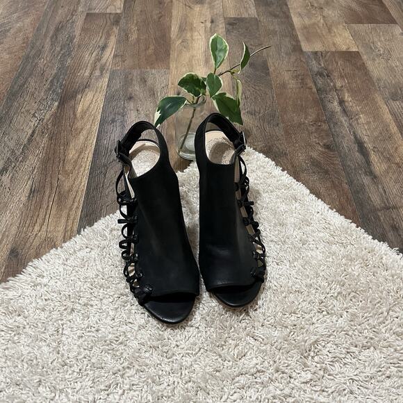 Vince Camuto Size 8.5 M Black Leather Woven Peep Toe Ankara Heels Sandals - Picture 2 of 8